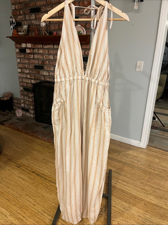 Cider Pants - Cider Striped Cream Tie-Shoulder Jumpsuit
